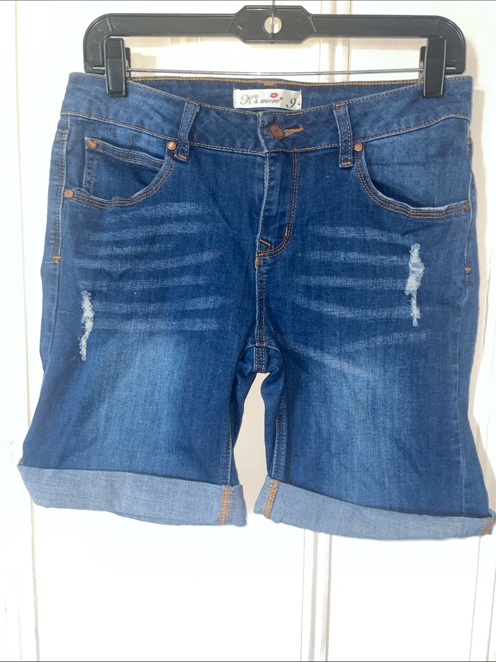 Dark Wash Rolled Hem Denim Bermuda Shorts - Blue